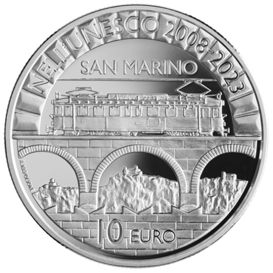 Moneta EUR10 Argento PROOF "15° anniversario dell’inserimento nella lista del Patrimonio Mondiale UNESCO del Centro Storico e Monte Titano di San Marino"